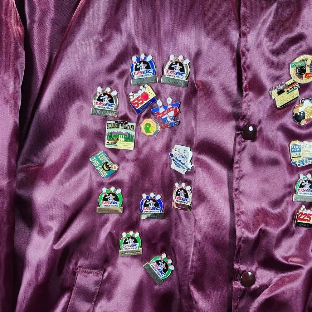 VINTAGE 80's Westark USA Burgundy Satin Bomber Jacket Bowling Pins Pins Large - Picture 6 of 9